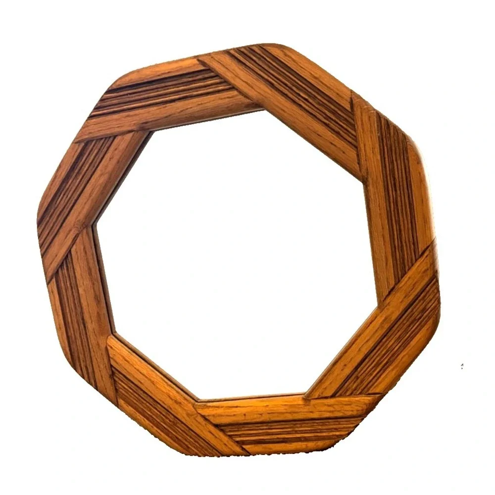Vintage Mid Century Modern Walnut Octagon Wall Mirror 1970s Boho Wood Geometric